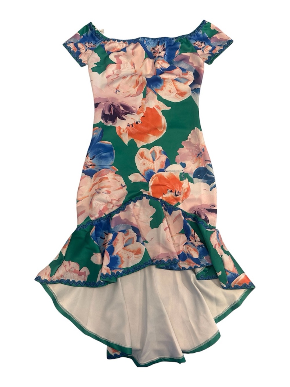 Jealous Tomato Green Floral Off-Shoulder High-Low Dress with Pink & Blue Blooms